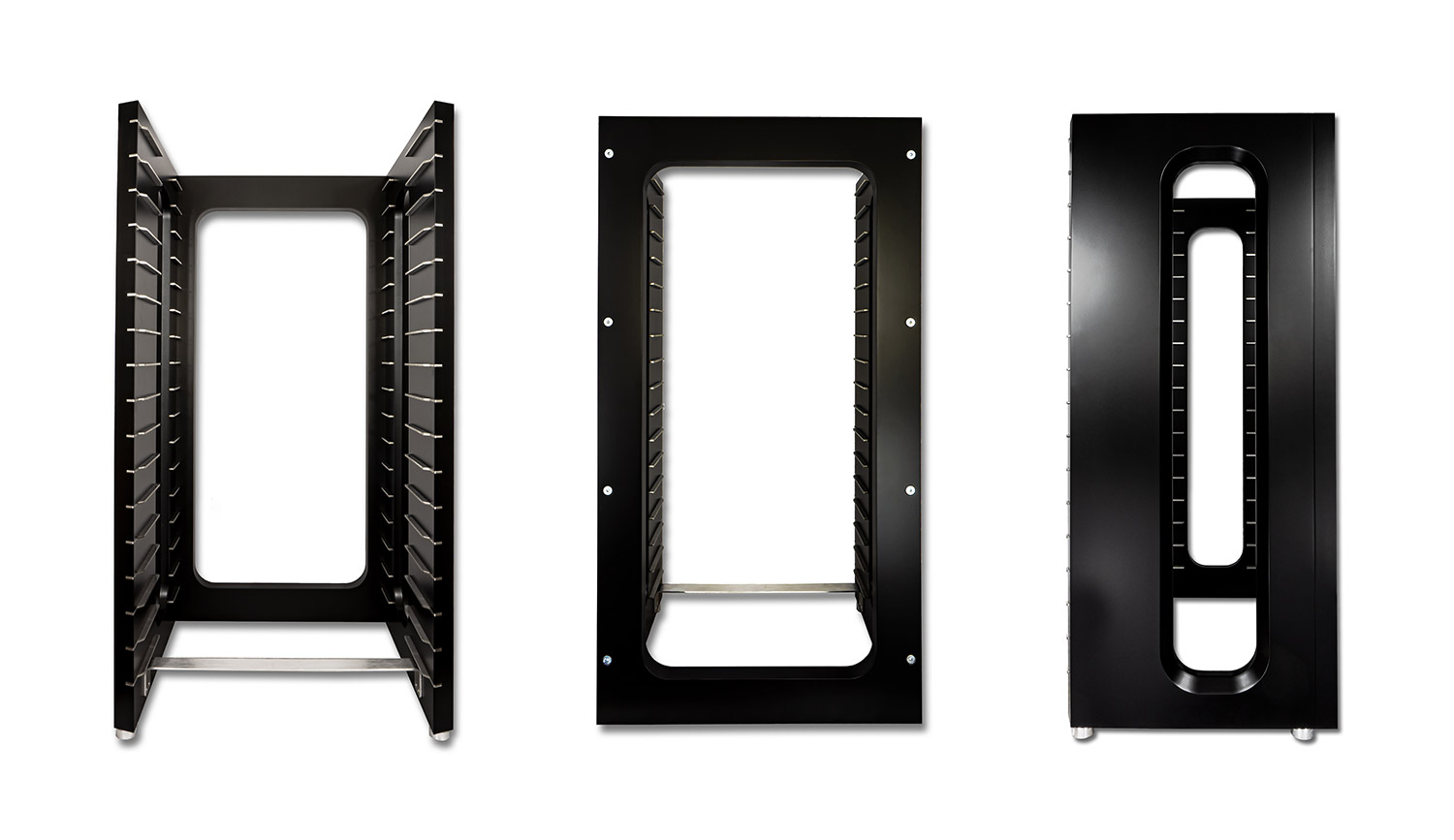 Frame of the THIXAR HiFi racks Serenity Plus in black matt and size L (front, back, side).